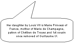 Rounded Rectangular Callout: Her daughter by Louis VII is Marie Princess of France, mother of Marie de Champagne, patron of Chrtien de Troyes and 1st cousin once removed of Guillaume IX
